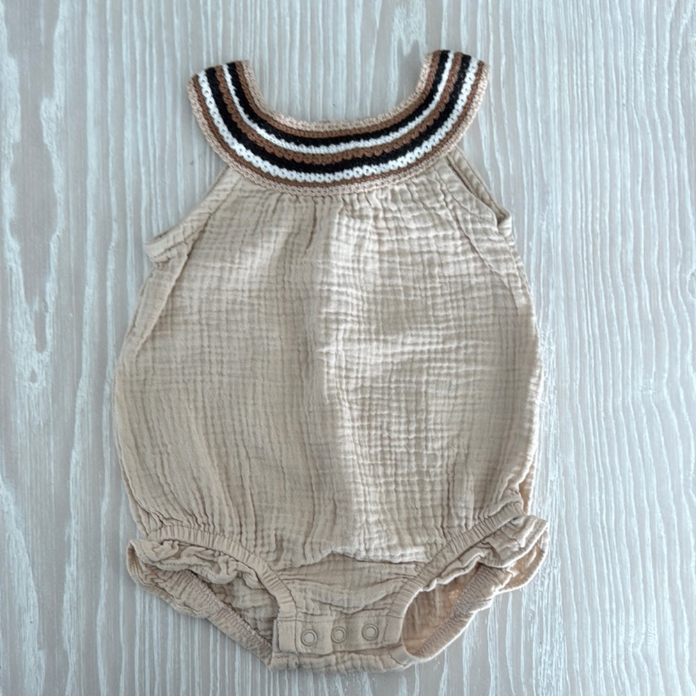 Beige Baby Romper with Striped Collar
